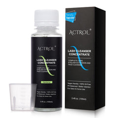 ACTROL eyelash cleanser bottle close-up showing foaming lather for lash care