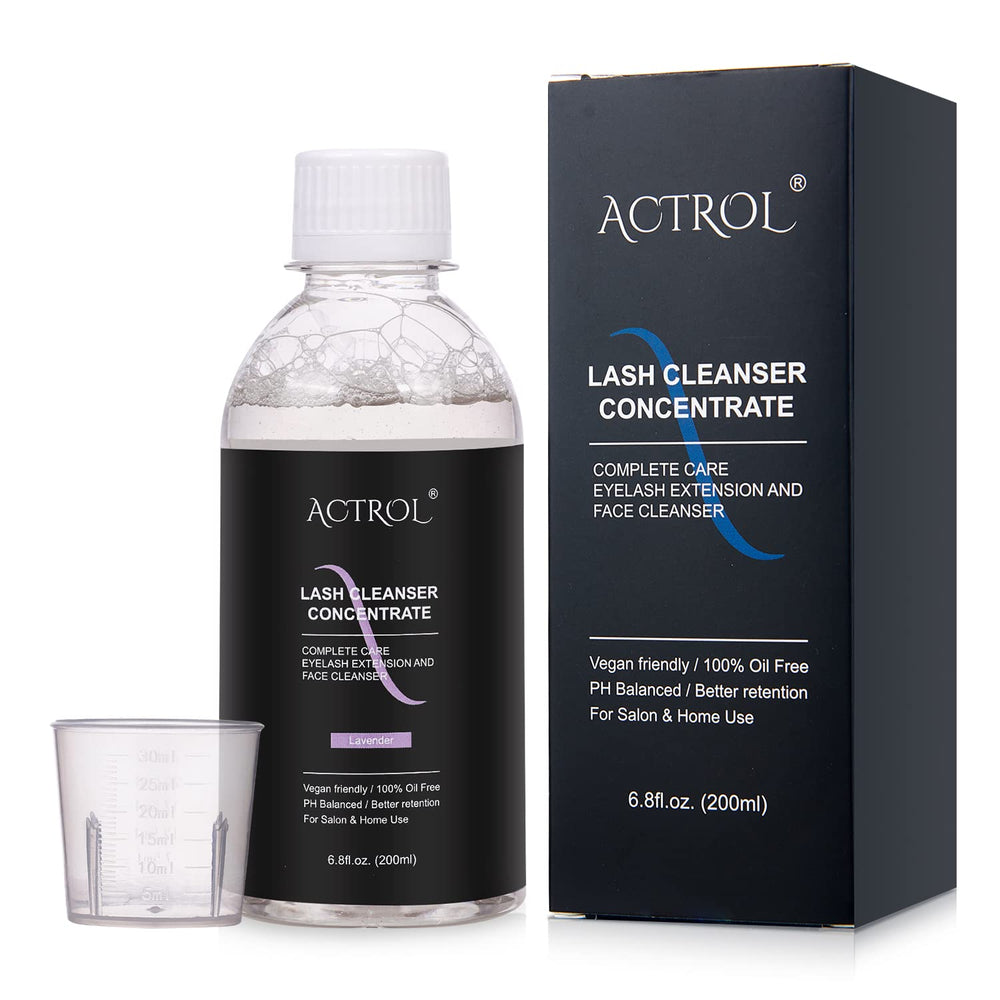 ACTROL Eyelash Cleanser bottle pour showcasing easy daily lash maintenance
