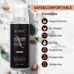 ACTROL foaming lash shampoo close-up shows rich foam for gentle cleansing.