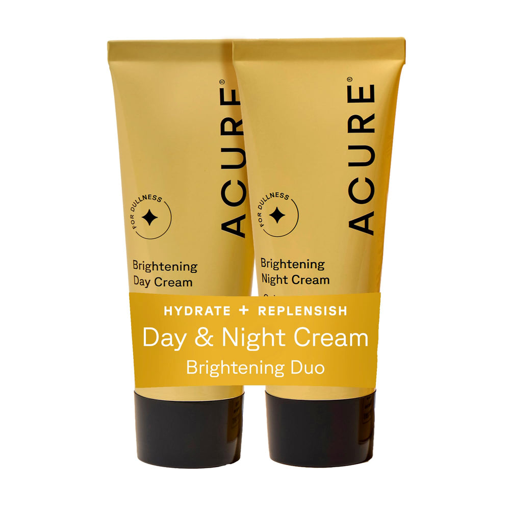 Acure Brightening Day Cream bottle with argan oil for hydrated, even-toned skin.