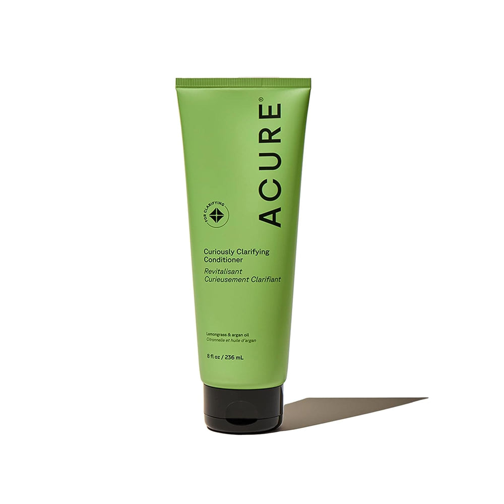 Acure Curiously Clarifying Conditioner bottle for lightweight moisture and refreshed, non-greasy hair.