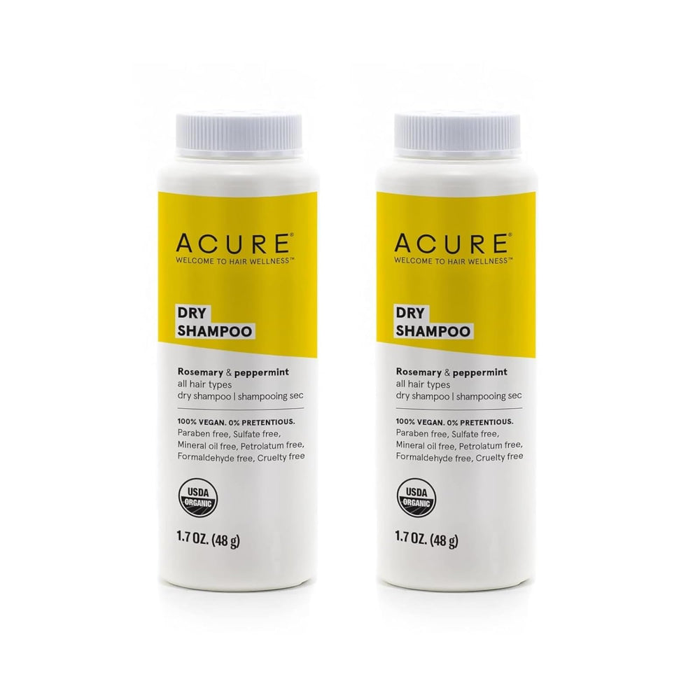 Acure dry shampoo mini bottle cap close-up, highlighting travel-friendly packaging for on-the-go refresh