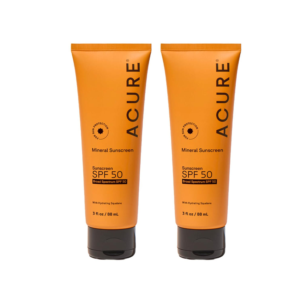 Acure Mineral Sunscreen SPF 50 bottle shows zinc oxide protection and hydration benefits