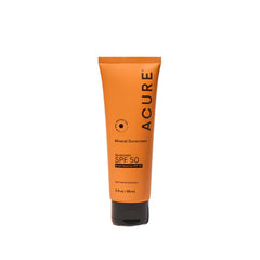 Acure Mineral Sunscreen SPF 50 front label showing broad spectrum protection for face and body