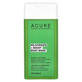 Acure Rejuvenate + Boost Body Wash bottle pour with uplifting rosemary and lemongrass aroma.