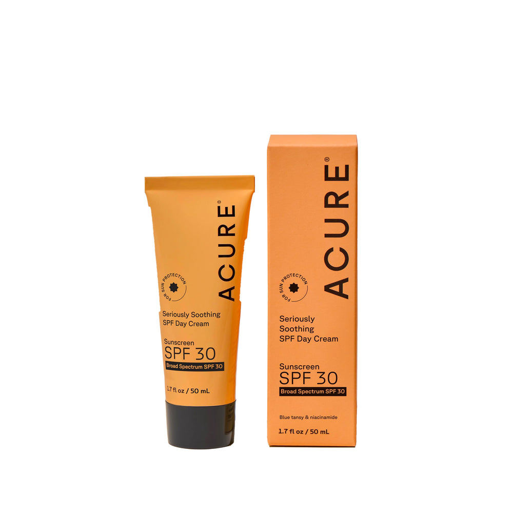 Acure Seriously Soothing SPF 30 Day Cream bottle showing reef-safe protection and hydration.
