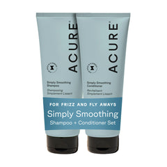 Acure Simply Smoothing Shampoo bottle showing hydrating, frizz-control action for smooth hair.