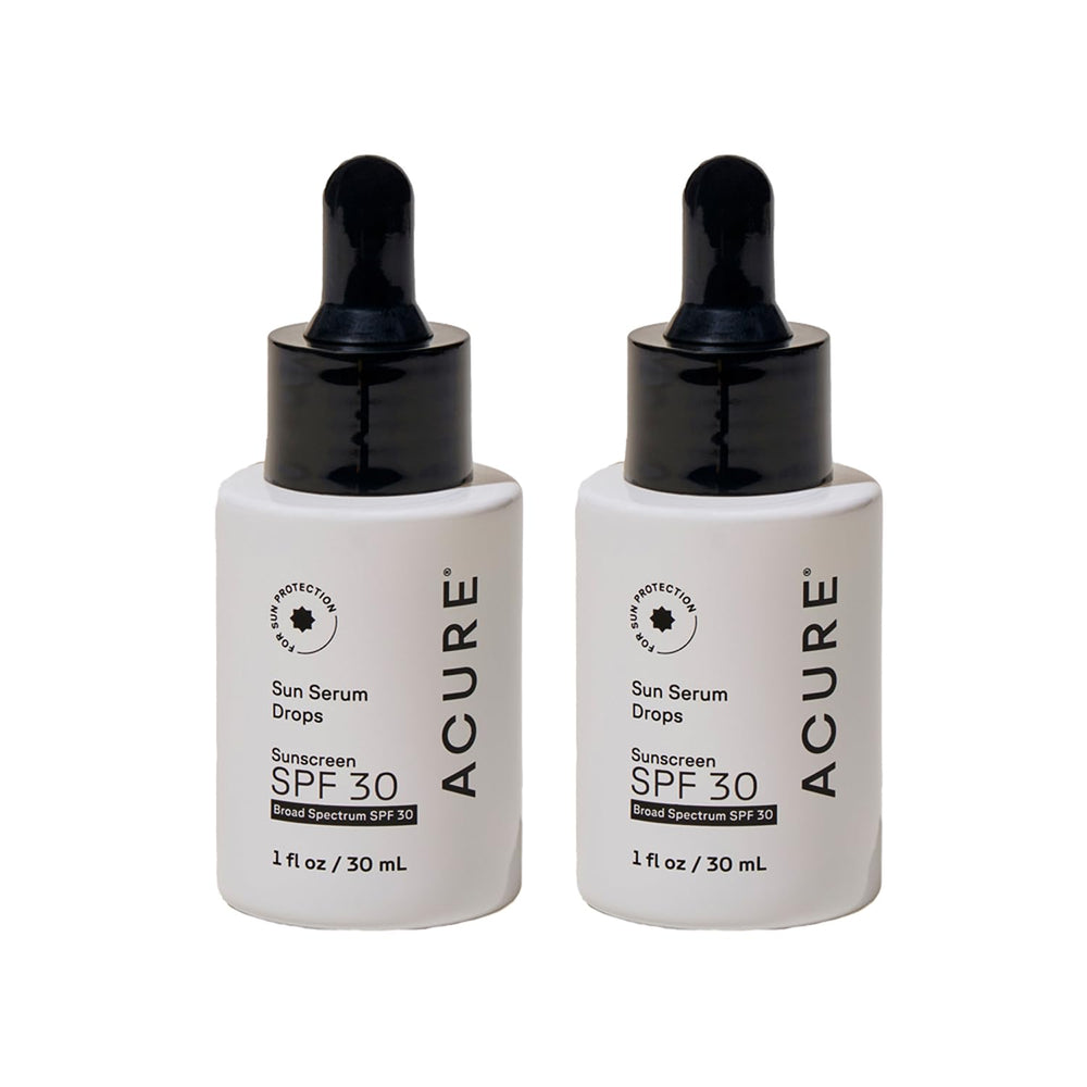 Acure Sun Serum Drops SPF 30 bottle pour for silky, light protection.