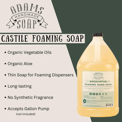 Adams Handmade Soap liquid foaming soap label close-up with eucalyptus scent and natural ingredients for gentle cleansing.