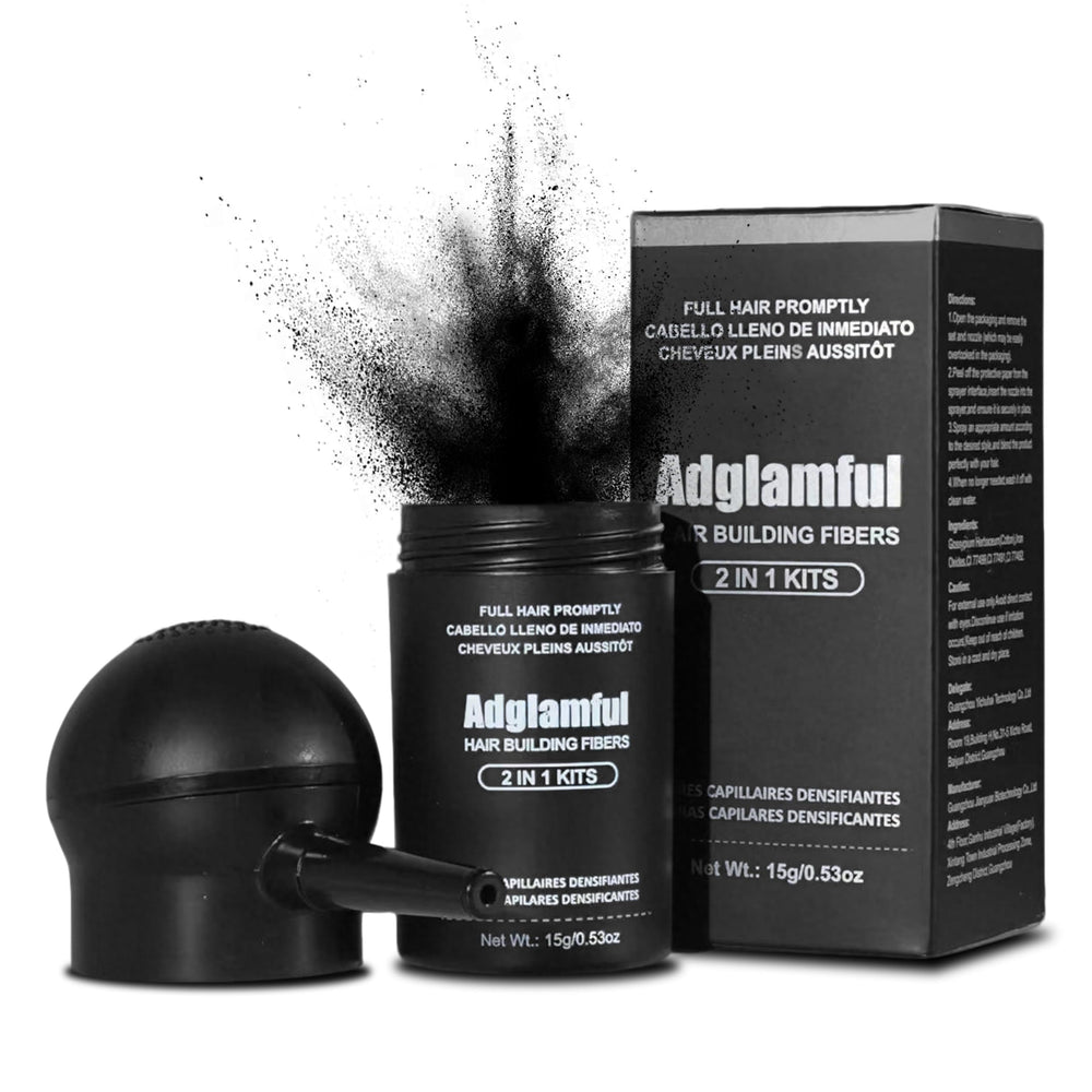 Adglamful hair-building fibers blended with the spray applicator for instant fullness.