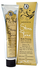 Adonia Organics StemuTone bottle close-up showing plant-based hydration for firmer skin