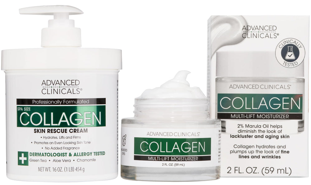 Advanced Clinicals collagen face cream jar promotes firmer, hydrated skin.