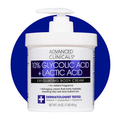 Advanced Clinicals glycolic-lactic body lotion bottle demonstrates smoothing hydration