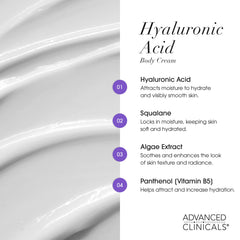 Advanced Clinicals Hyaluronic Acid Body Cream smooths texture with deep hydration.