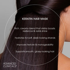 Advanced Clinicals Keratin Hair Mask ingredients panel highlights keratin and coconut oil