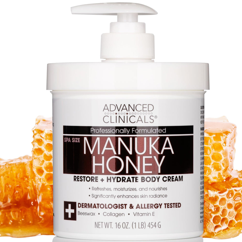 Advanced Clinicals Manuka Honey Body Cream packaging showcases premium skincare for dry skin.