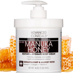 Advanced Clinicals Manuka Honey Body Cream packaging showcases premium skincare for dry skin.