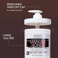 Advanced Clinicals Manuka Honey Body Cream texture close-up shows velvety, non-greasy absorption.