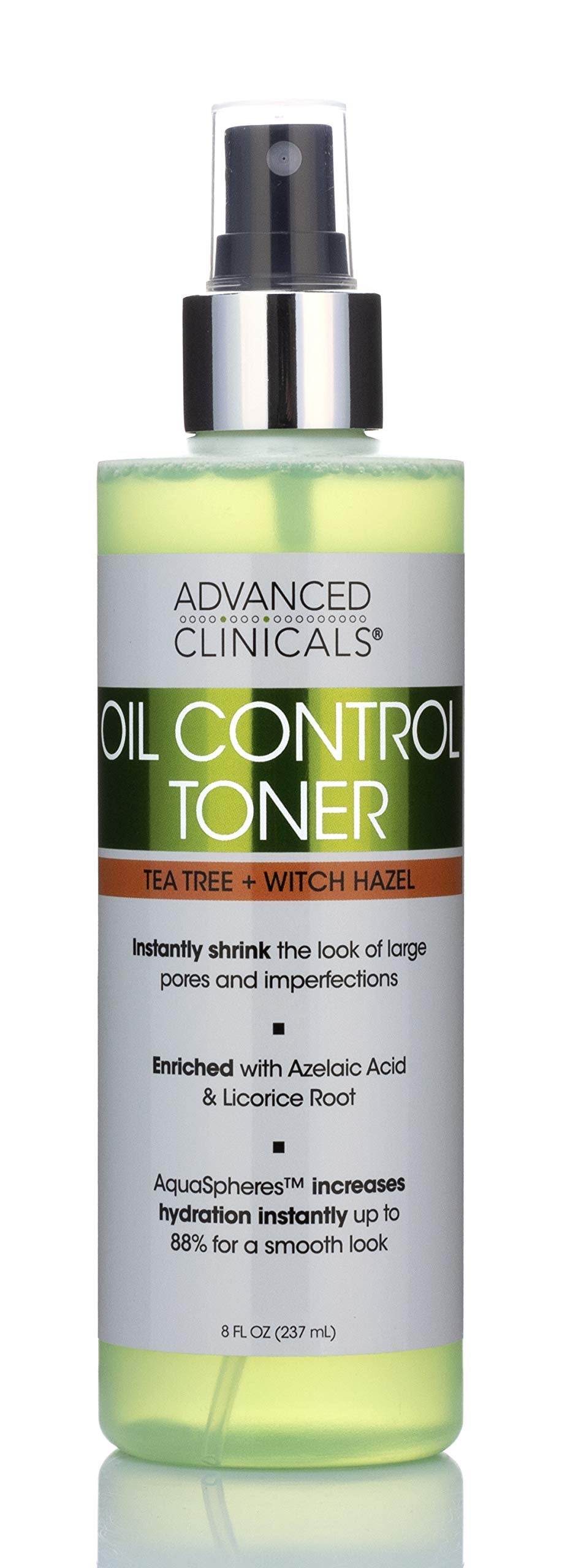 Advanced Clinicals Oil Control Toner mist bottle shown for pore refinement.
