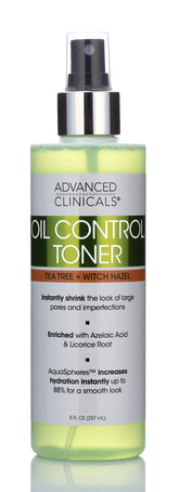 Advanced Clinicals Oil Control Toner mist bottle shown for pore refinement.