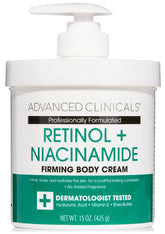 Advanced Clinicals Retinol body lotion bottle highlighting firming and anti-aging benefits.