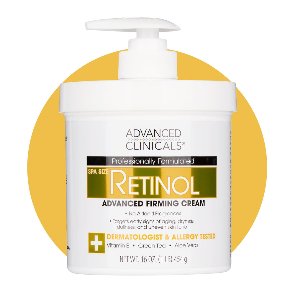 Advanced Clinicals retinol body lotion pump application improves skin texture with deep hydration.