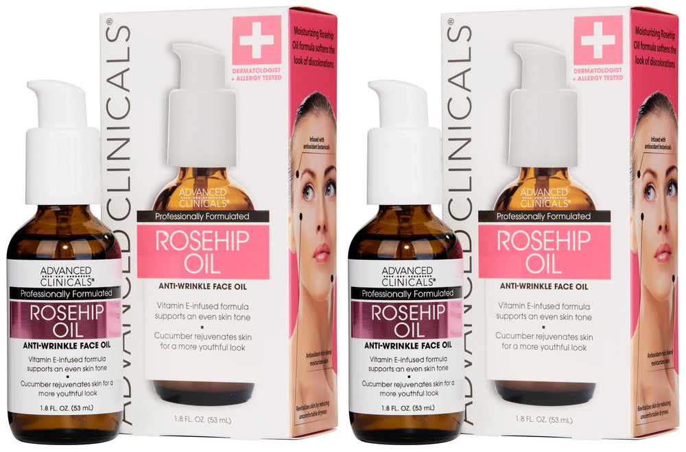 Advanced Clinicals Rosehip Oil Face bottle pour showing hydrating, radiant skin potential