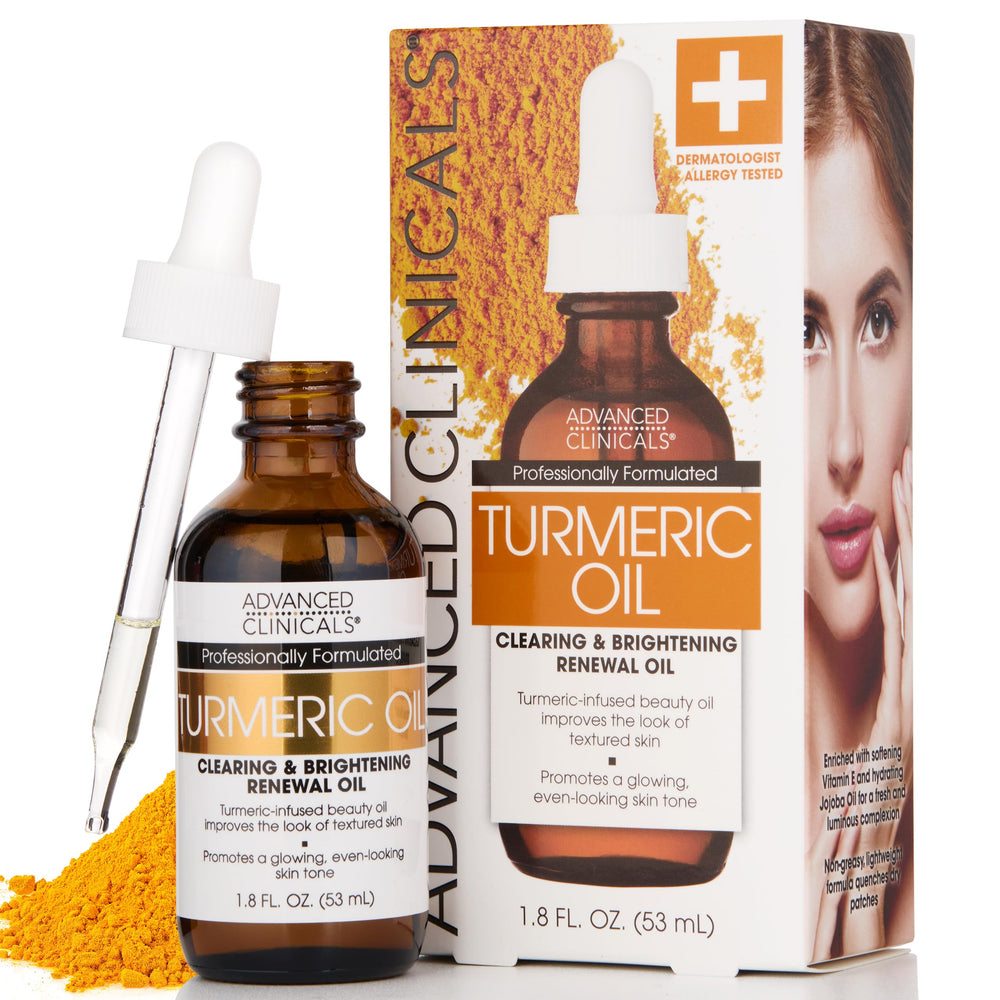 Advanced Clinicals turmeric oil serum bottle closeup promoting hydration and radiance.