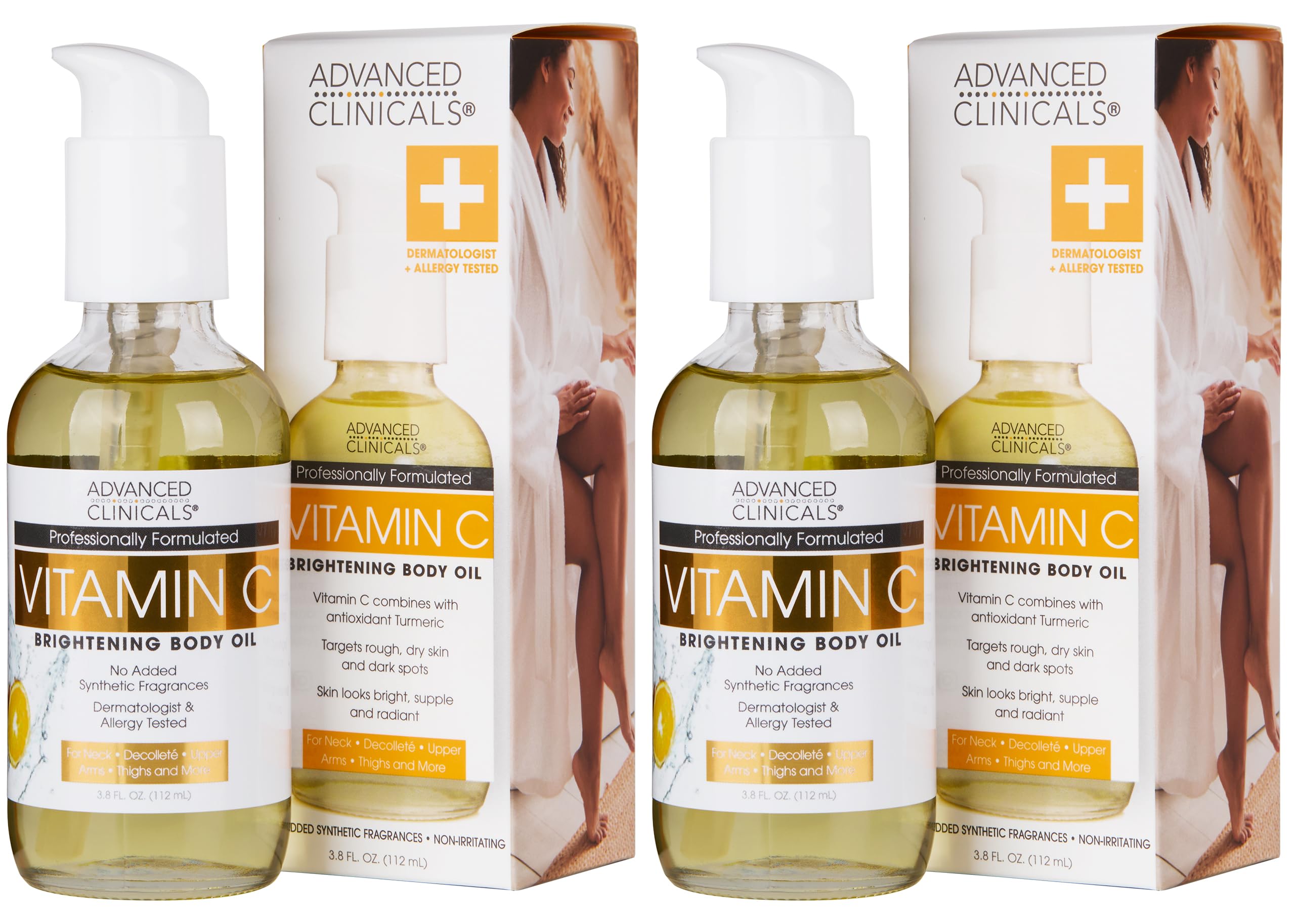 Advanced Clinicals Vitamin C Brightening Body Oil bottle pour for radiant, hydrated skin.