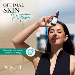 Advanced Skin Care serum applied to the cheek for fast absorption.