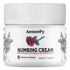 Aemerry Numbing Cream bottle showing long-lasting relief and quick-acting formula.