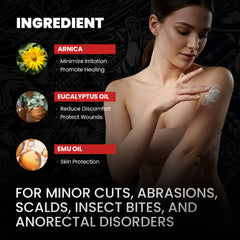 Arnica and emu oil ingredients support skin soothing and moisturization.