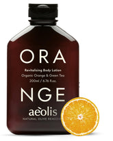 AEÒLIS Revitalising Lotion bottle shows hydrating orange and green tea formula for daily hydration