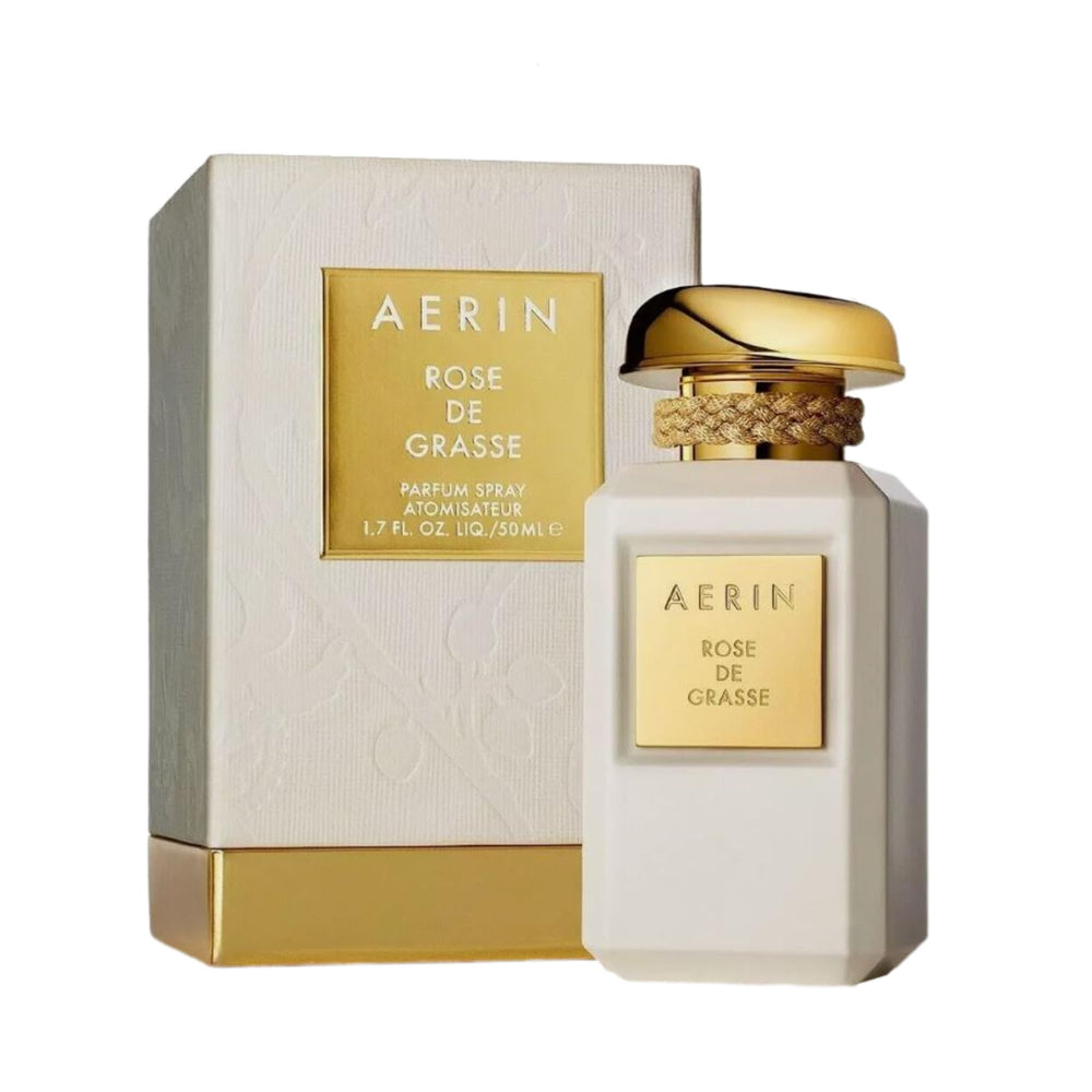 AERIN Rose De Grasse Parfum Spray bottle, elegant packaging for a timeless rose scent