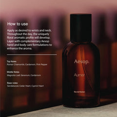 Aesop Aurner bottle cap close-up highlighting elegant woody notes.