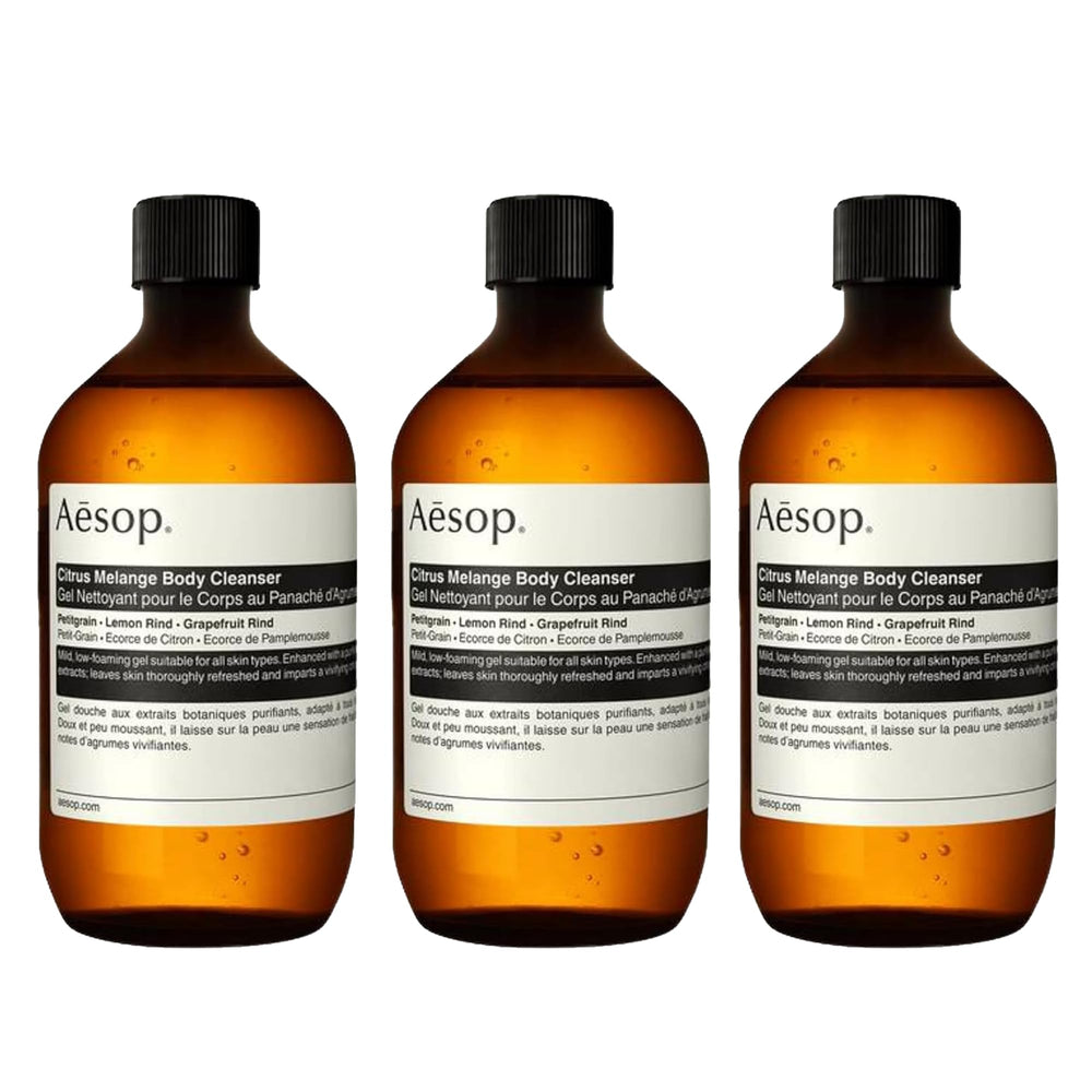 Aesop Citrus Melange Body Cleanser refill bottle being poured for a refreshing citrus cleanse.