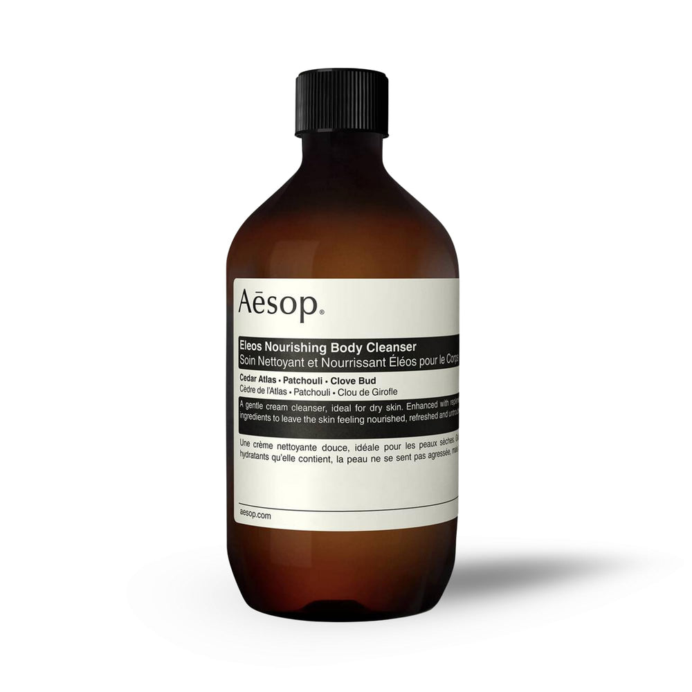 Aesop Eleos refill bottle with minimalist label and eco-friendly packaging supports sustainability.