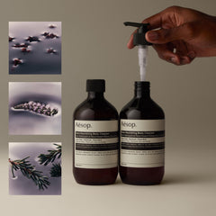 Aesop Eleos refill being poured to reveal a creamy lather and easy dispensing.