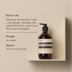 Aesop Geranium Leaf Body Cleanser foamy lather demonstrates gentle cleansing with green citrus notes.