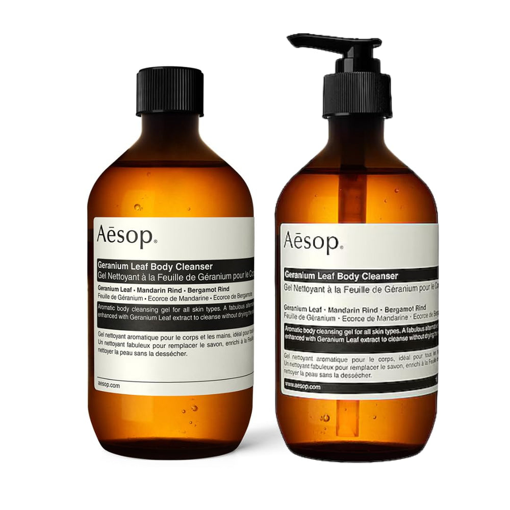 Aesop Geranium Leaf Body Cleanser bottle front view for a refreshing cleanse