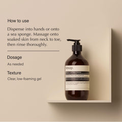 Aesop Geranium Leaf Body Cleanser being poured to highlight refreshing texture