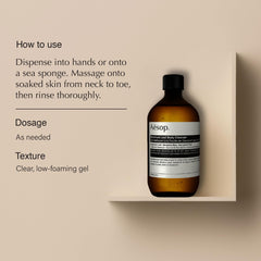 Aesop Geranium Leaf Body Cleanser refill with sea sponge ready for gentle daily cleansing
