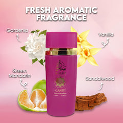 AFLUXE Sarah Candy bottle side view, highlighting lavender and pear notes for a fresh feel.