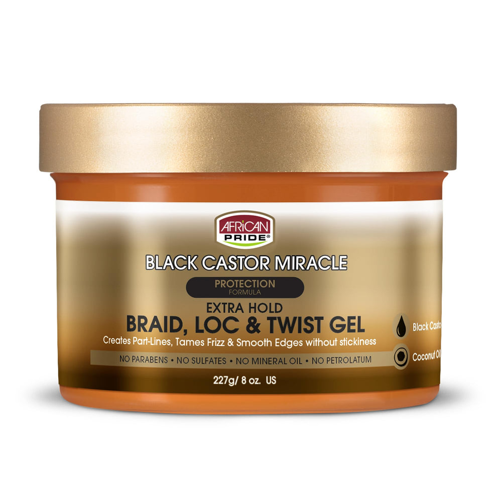 African Pride Black Castor Miracle gel bottle pour showing smooth application for sleek braids.