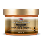 African Pride Black Castor Miracle gel bottle pour showing smooth application for sleek braids.