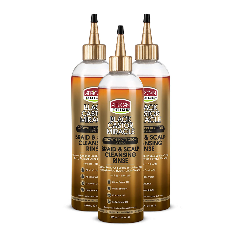 African Pride Black Castor Miracle Braid Cleansing Rinse bottle shows refreshed scalp after wash
