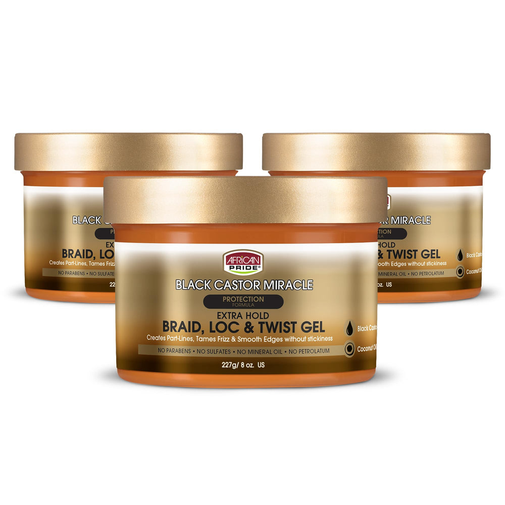 African Pride Black Castor Miracle Extra Hold Braid Gel bottle for firm, flake-free braids.