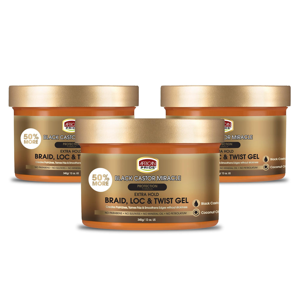 African Pride Black Castor Miracle Gel for braids with flexible hold.