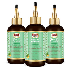 African Pride Feel It Formula oil bottle pour shows nourishing application for stronger strands.