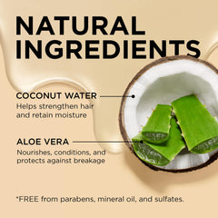 Close-up of aloe vera and coconut water ingredients in African Pride formula